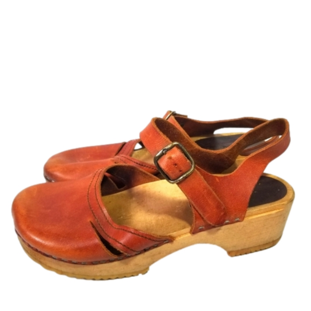 Handmade Leather Wooden Closed Toe Heeled Wedges Size 9 Unknown Brand